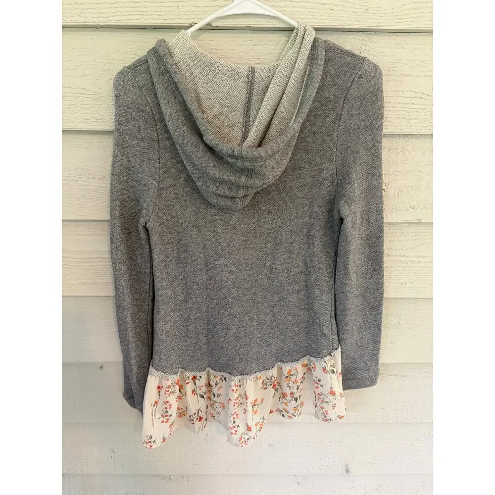 Hint of Mint Gray Floral Ruffle Hem Zip Hoodie Women’s Size Small Lightweight - Picture 8 of 8